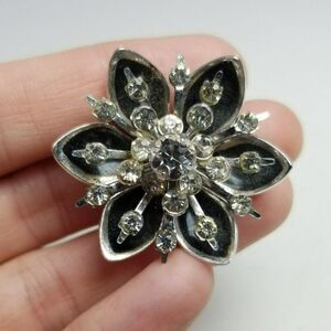 Vintage Coro Black Enamel and Silver Tone Flower Brooch, Retro Signed Lapel Pin